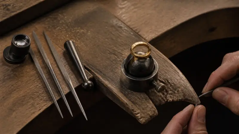 A jeweller's bench with gravers and a ring in progress
