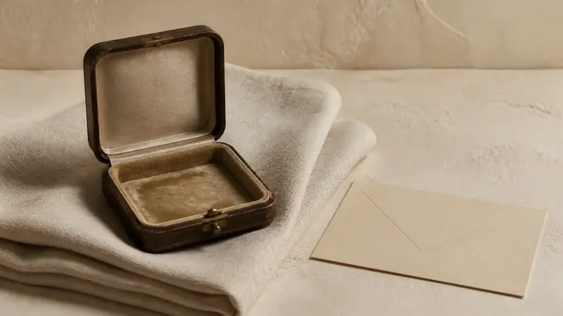 A finished piece in its box beside a handwritten card