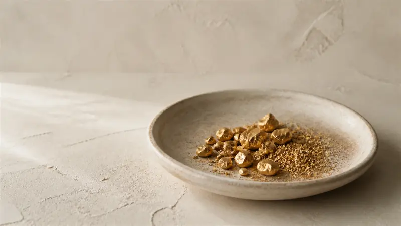 Grains of raw gold in a stone dish