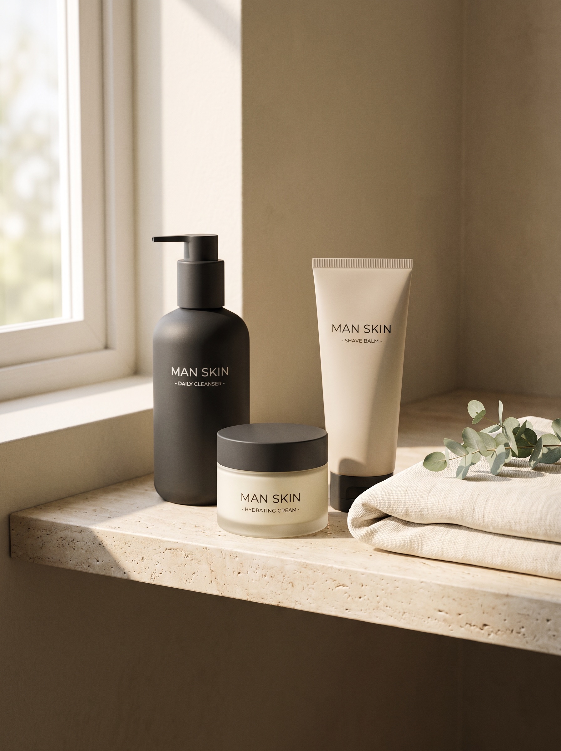 MAN · SKIN products on a travertine bathroom shelf in soft morning light