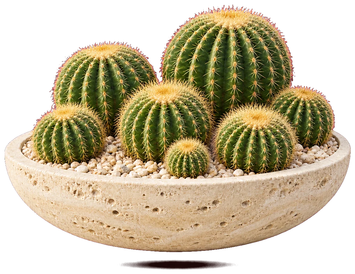 Grove planter, round cacti in a wide travertine bowl