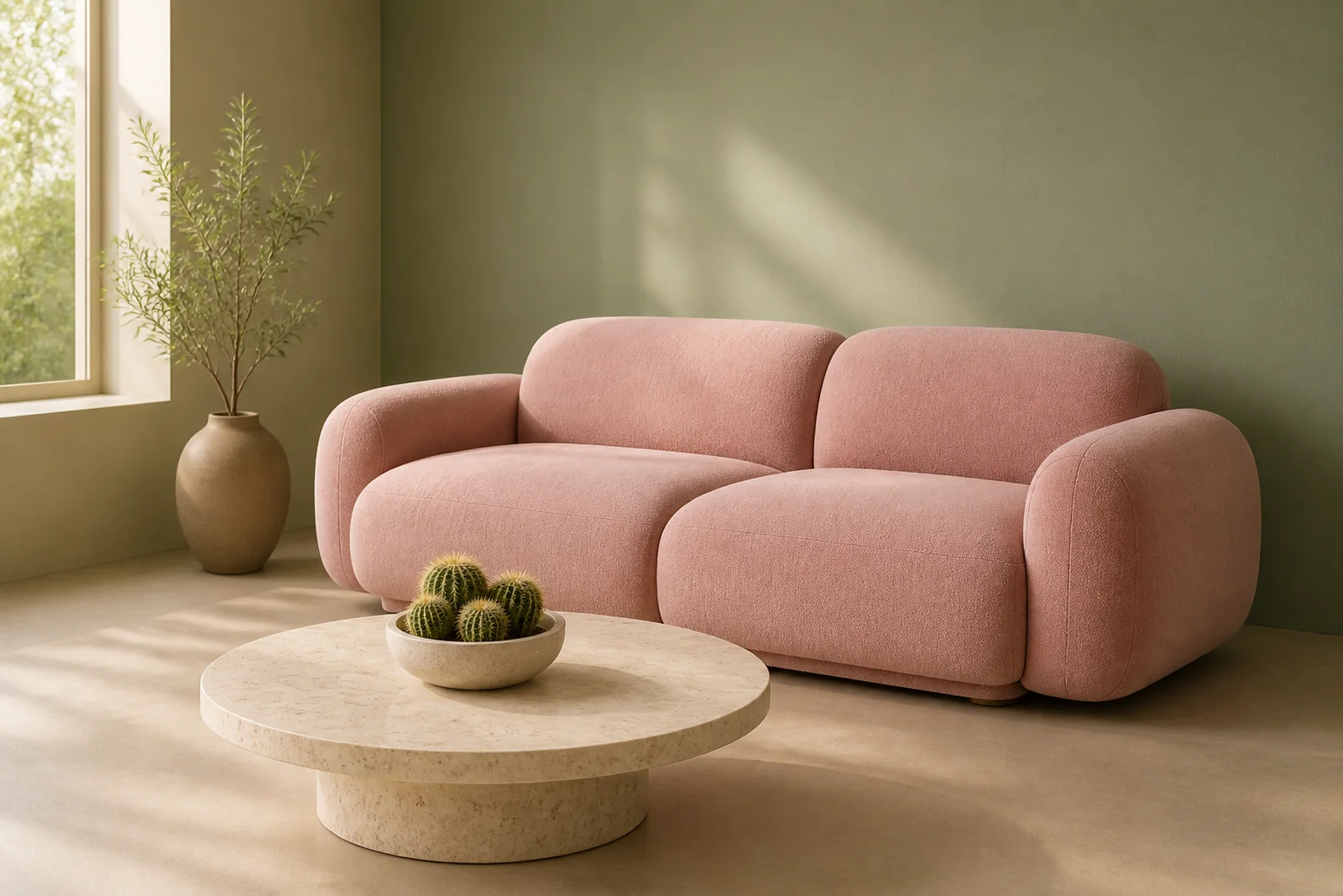 A warm room with a plump pink sofa, sage wall and a travertine table with cacti