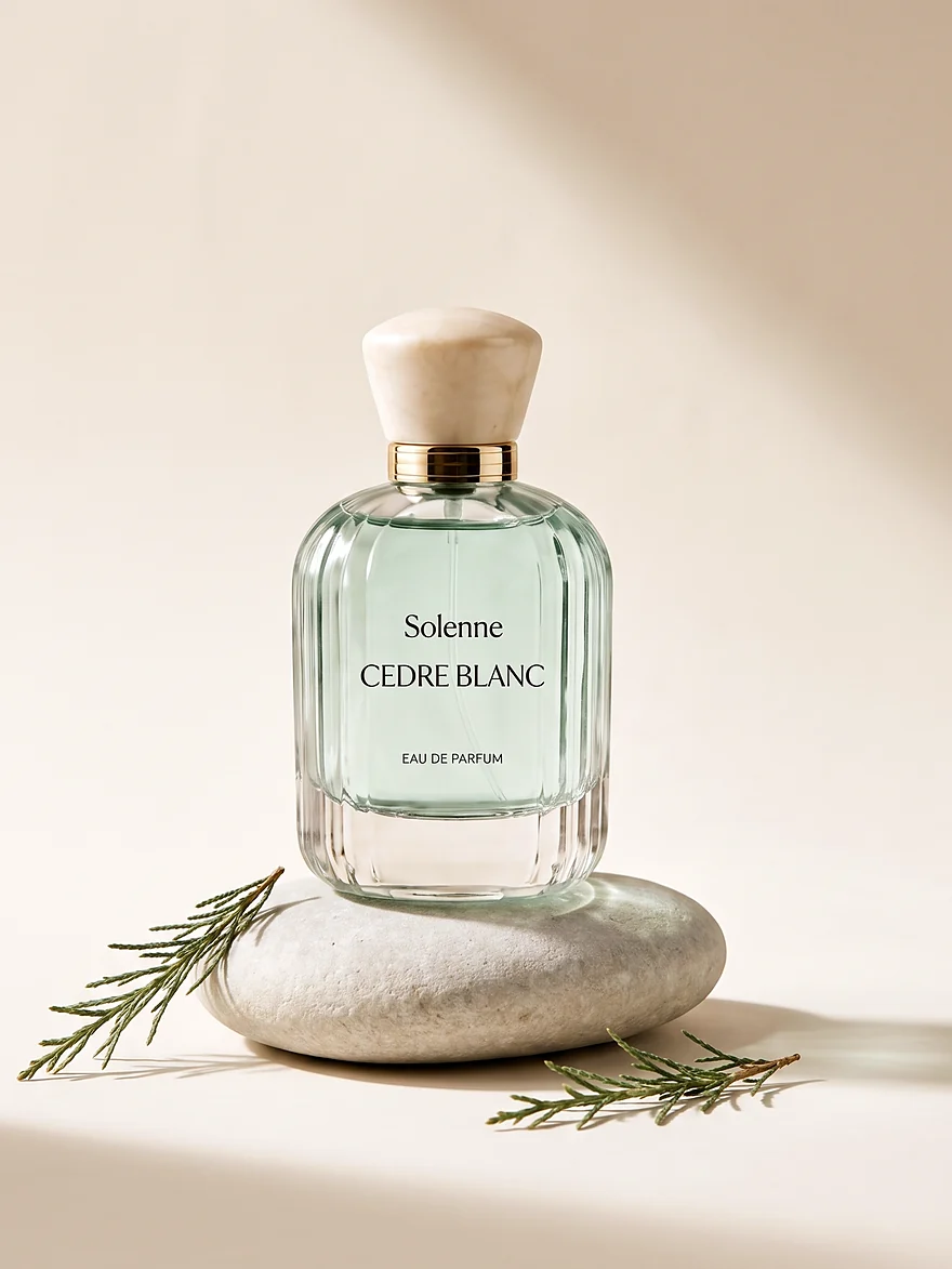C&egrave;dre Blanc eau de parfum on a pale river stone.