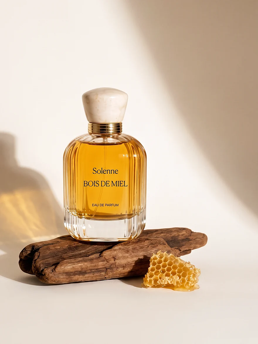 Bois de Miel eau de parfum on driftwood beside a piece of honeycomb.