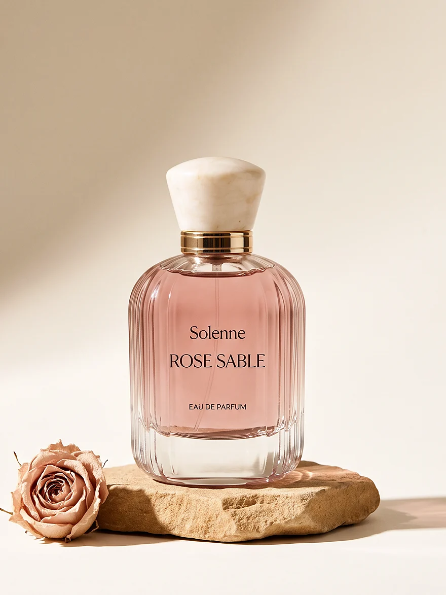 Rose Sable eau de parfum on sandstone beside a dried rose.