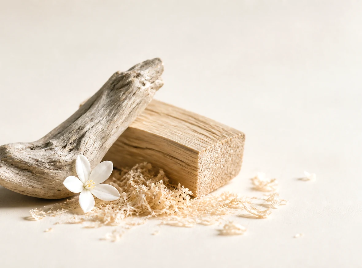 Driftwood and a split block of cedar with sandalwood shavings and a small white flower.