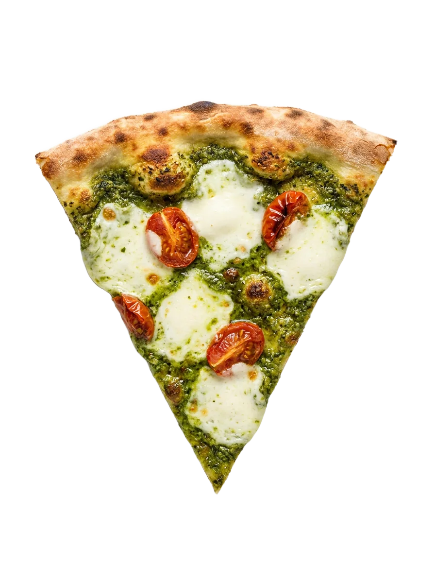 Pesto slice, green basil pesto and pine nuts
